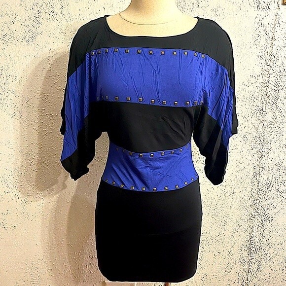 Vanilla Bay Black & Blue Striped Drape Sleeve Long Tunic Blouse with Studs Small - Picture 2 of 7